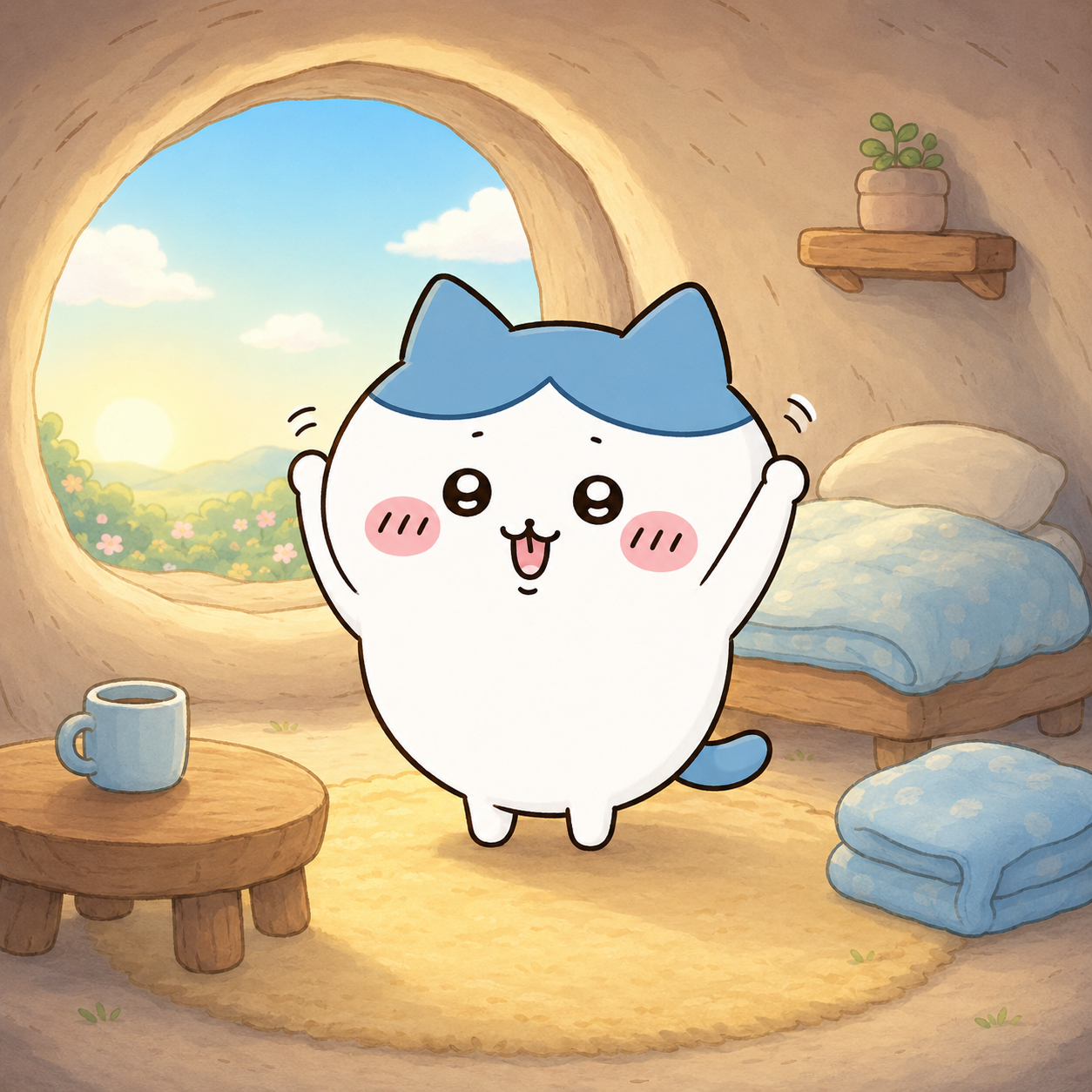 Hachiware waking up in the cave