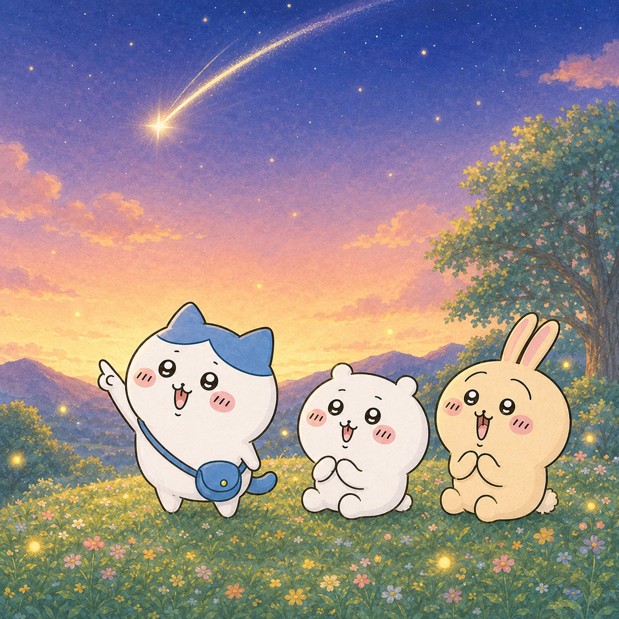 Hachiware and friends under a shooting star